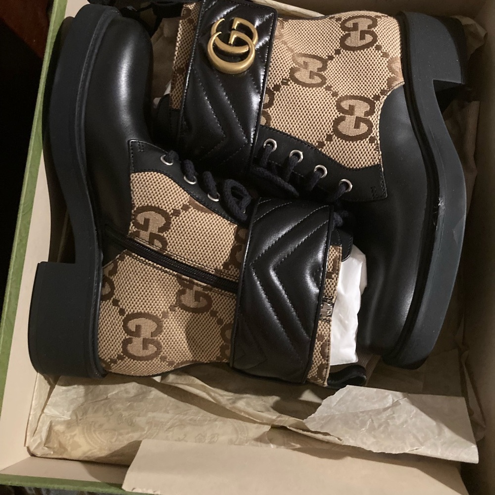Gucci Aria Black and Tan Logo Ankle Boots
